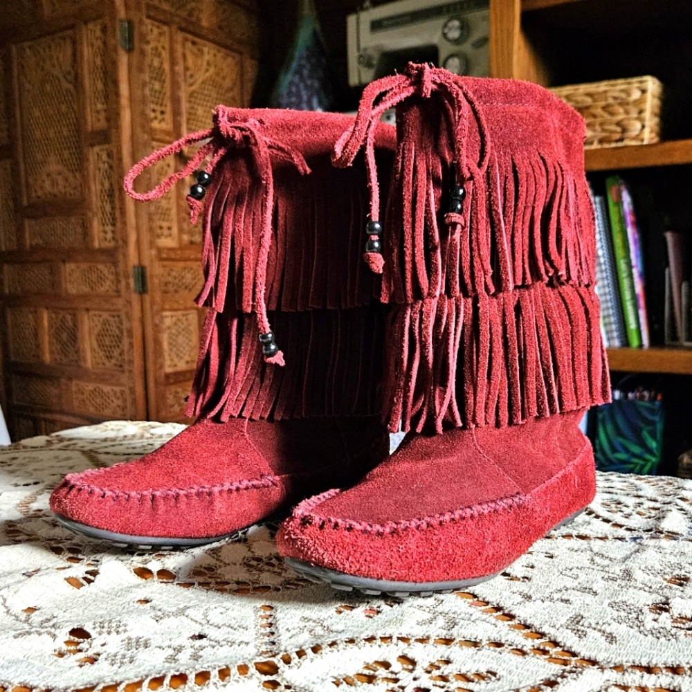Minnetonka 2-Layer Fringe Moccasin Boot, Dark Red